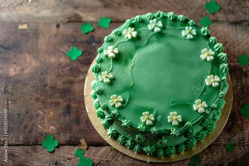 A St. Patrick's Day cake with shamrock decorations on a wooden table, perfect for a holiday party concept. photo