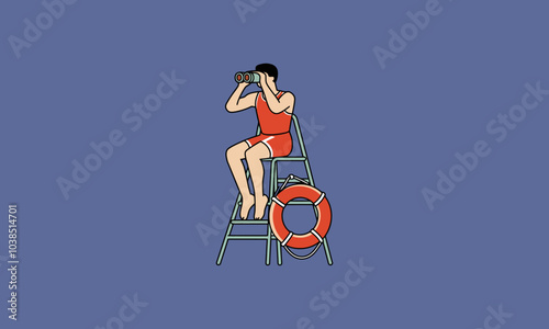 Lifeguard on duty scanning with binoculars at the beach.