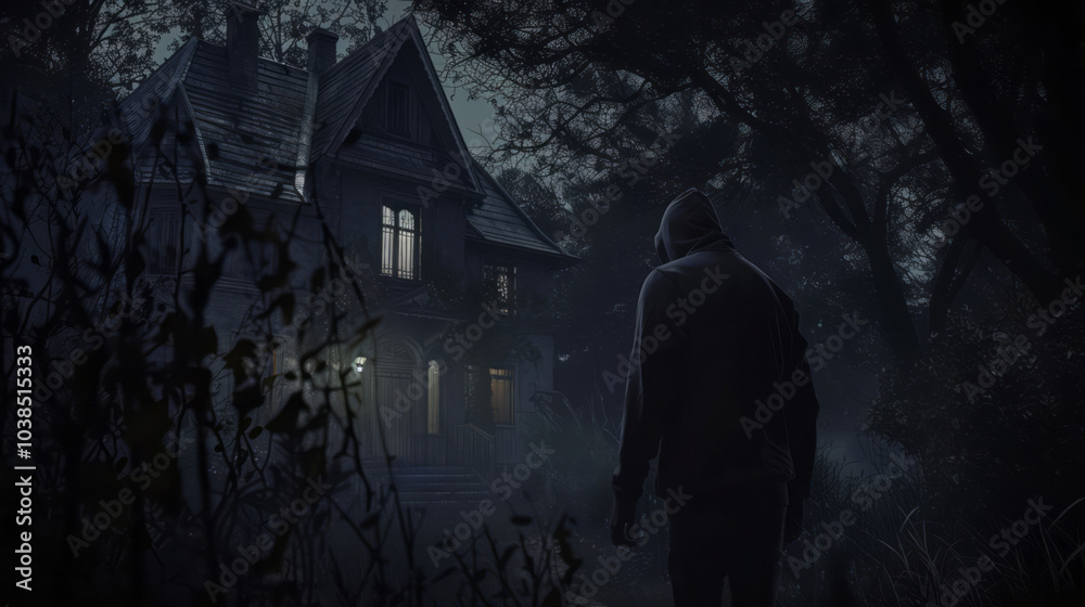 A man in a hoodie walking towards a house at night, horror concept art, full-body shot. A man in a hoodie walking towards a house at night, horror concept art, full-body shot.