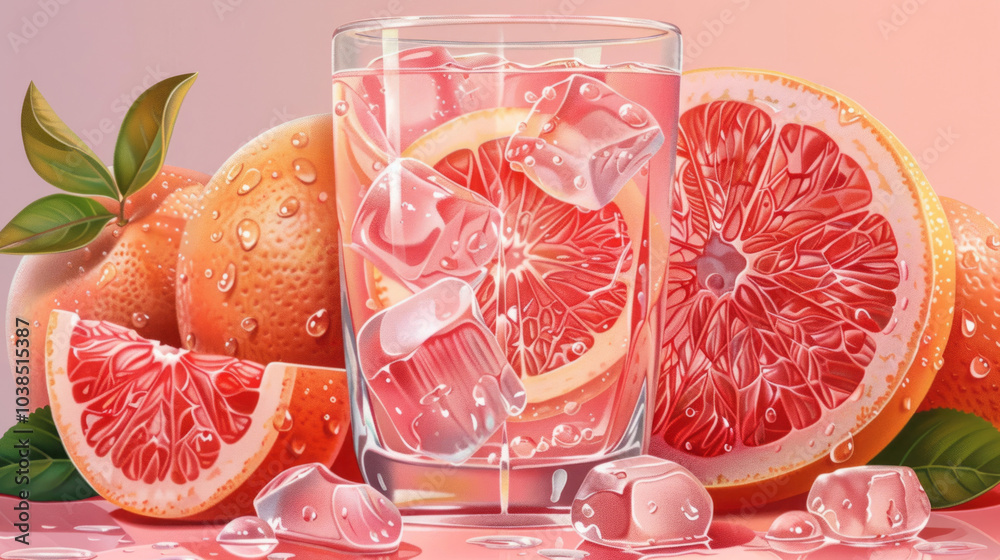 A grapefruit cocktail in a glass with ice cubes and grapefruit slices on a white background, pastel colors, simple illustration. A grapefruit cocktail in a glass with ice cubes and grapefruit slices on a white background, pastel colors, simple illustration.