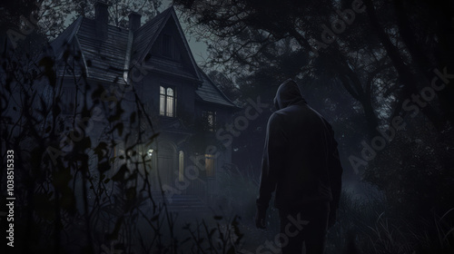 A man in a hoodie walking towards a house at night, horror concept art, full-body shot.