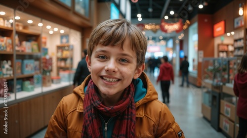 Portrait of 10-11 year old boy against supermarket background 