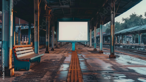 A blank billboard on the platform of an old train station during daylight with warm colors and a symmetrical composition with a wooden bench.