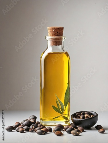 A minimalist composition featuring a glass bottle of karanja oil set against a neutral, light-colored background.