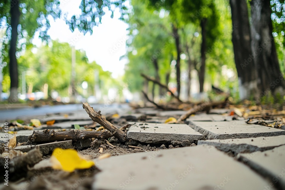 A close-up view of a sidewalk with fallen branches and greenery. A close-up view of a sidewalk with fallen branches and greenery.