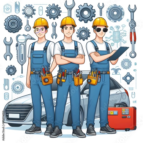 Team Mechanician cartoon art in uniform with clipboard and specialized tools and auto car photo