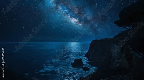 Cliffside view with stars and the galaxy reflecting on a calm ocean far below, under a tranquil night sky.