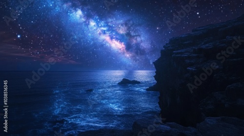 Cliffside view with stars and the galaxy reflecting on a calm ocean far below, under a tranquil night sky.