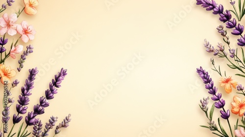 Beautiful floral arrangement with lavender and cherry blossoms on a soft background. Perfect for seasonal greetings or floral designs.