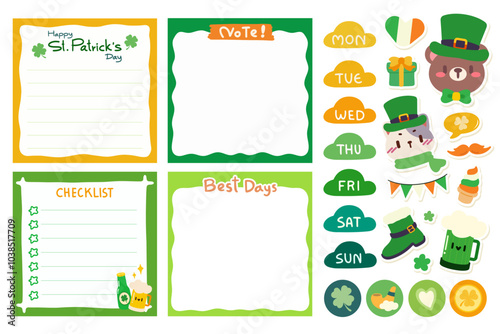 St.Patrick's Day Memo Set. St.Patrick's Day themed memo set includes adorable planner stickers featuring cute characters like a bear and cat in leprechaun hats, a checklist, and memo sheets.