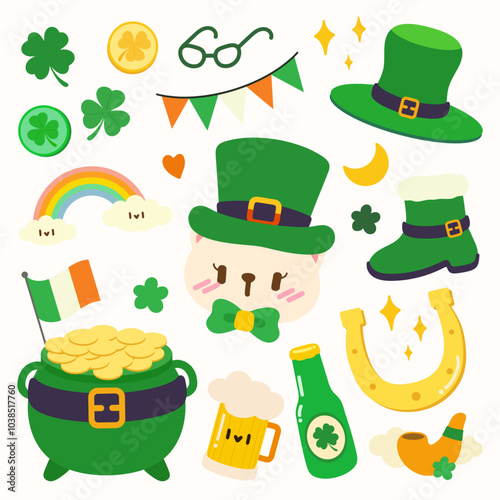St. Patrick's Day Sticker Set. Kawaii St. Patrick's Day Clipart. Adorable Cat, Pot of Gold, and Irish Symbols.