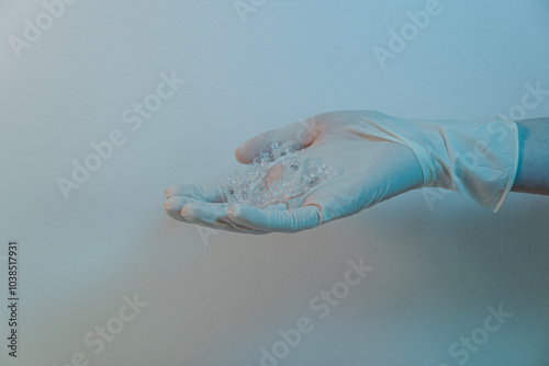 The doctor's hand holding transparent aligners against the white background, oral care concept. 