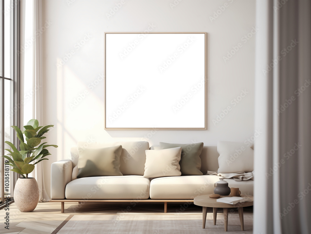 Fototapeta premium Poster mockup. Wonderful interior in light colors.