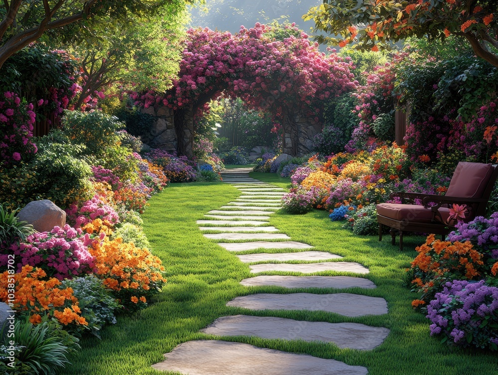 Garden images, Serene Garden Oasis with Blossoming Pink Pathway