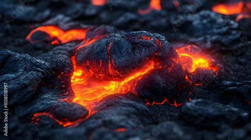 Artistic Hot Black Lava Textured Background Perfect for Eye-Catching Wallpapers Highlighting Glowing Rocks