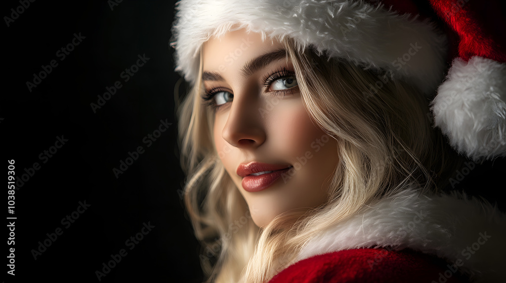 Charming Blonde Woman in a Santa Costume Against a Deep Black Background Perfectly Suited for a Joyful Christmas Wallpaper Charming Blonde Woman in a Santa Costume Against a Deep Black Background Perfectly Suited for a Joyful Christmas Wallpaper
