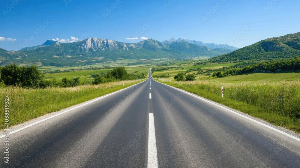 Fototapeta premium Empty highway reaching out to distant green mountains under a clear sky, creating a peaceful, nature-inspired travel vibe.