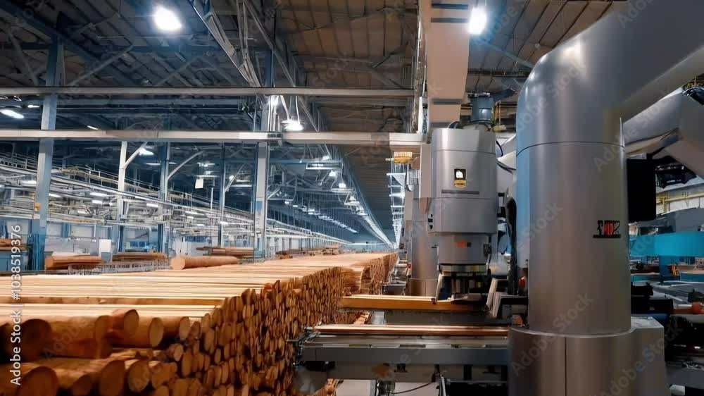 A lumber mill with robotic saws slicing wooden logs into planks, automated cranes stacking them, and conveyor belts moving the finished wood products.
