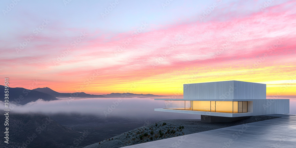 Fototapeta premium Modern architecture home with stunning sunset view over mountains and clouds in serene landscape