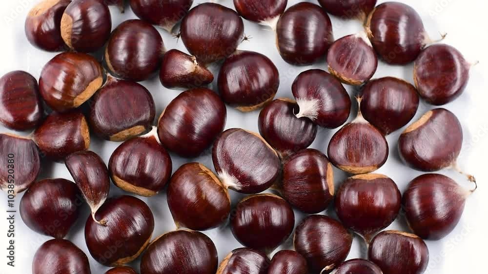 pile of natural raw chestnuts,from the province of Frosinone in the Italian Lazio region,on white plate,rotating video. pile of natural raw chestnuts,from the province of Frosinone in the Italian Lazio region,on white plate,rotating video.