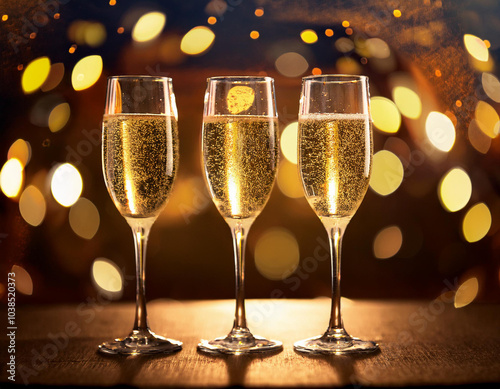 Three glasses of sparkling white wine, champagne, on wooden table against black background with warm soft lights