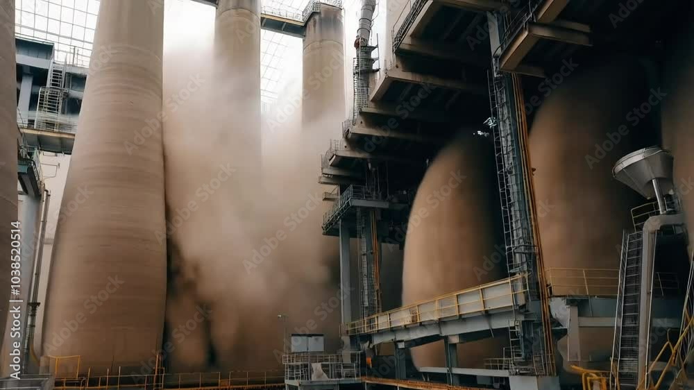 Massive rotary kilns spinning slowly in a cement factory, with dust clouds forming around grinding mills and automated hoppers feeding raw materials.
Massive rotary kilns spinning slowly in a cement factory, with dust clouds forming around grinding mills and automated hoppers feeding raw materials.