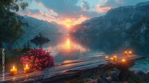 Serene Sunrise Over Tranquil Lake with Candlelit Wooden Deck, Vibrant Flowers, and Majestic Mountain Landscape in Scenic Viewsunrise photo