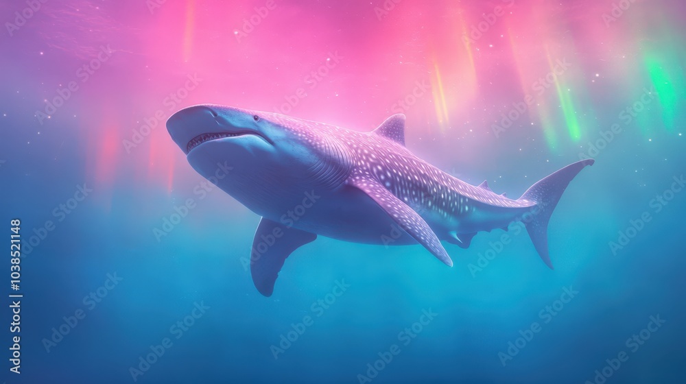 Fototapeta premium Majestic whale shark swimming in colorful underwater scene