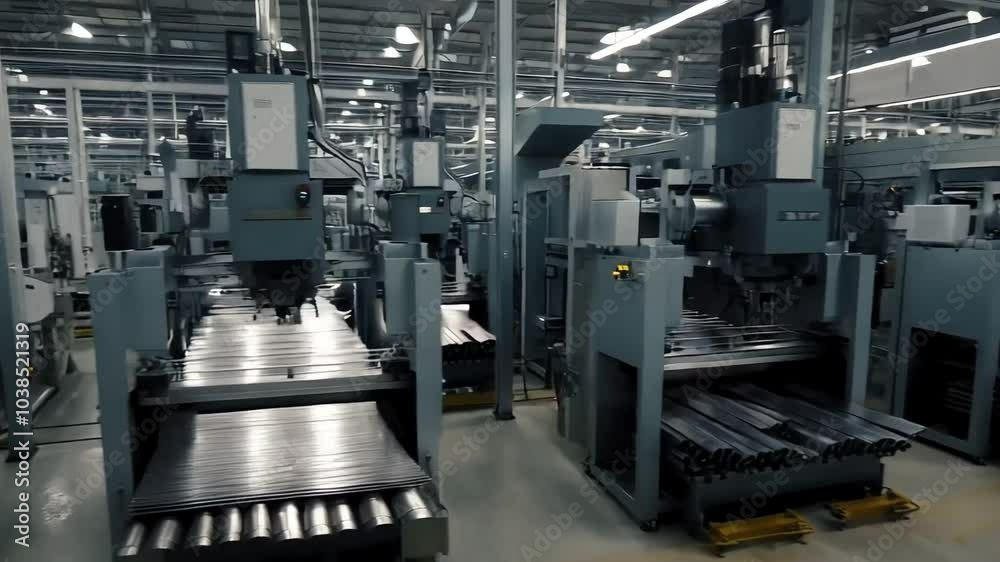 A metal stamping factory with machines punching out sheets of metal, robotic systems inspecting products, and finished parts sliding into bins.

