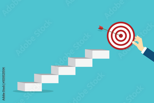 Goal, motivation to success. Business improvement concept. Climb up stairs to reach goal target on the top.	