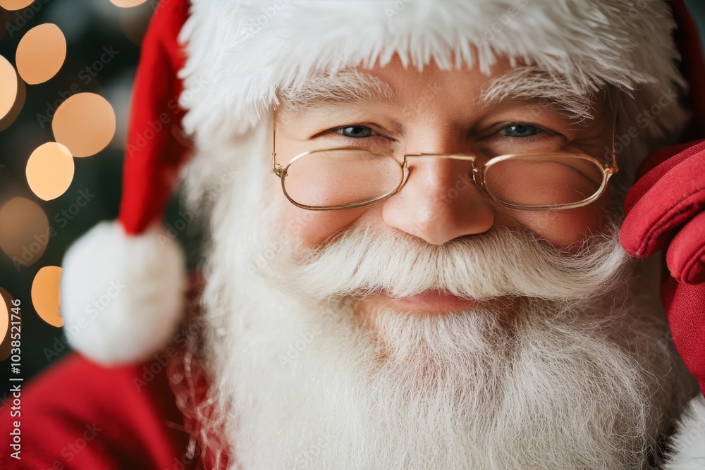 A close-up portrait of Santa Claus smiling warmly, with a fluffy white beard and glasses, evoking feelings of warmth and holiday spirit amidst twinkle lights. A close-up portrait of Santa Claus smiling warmly, with a fluffy white beard and glasses, evoking feelings of warmth and holiday spirit amidst twinkle lights.