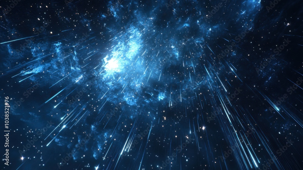 Naklejka premium The night sky with a meteor shower, streaks of light passing through a star-filled galaxy.