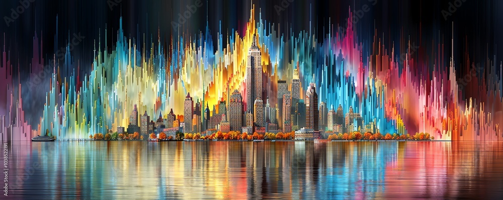 Naklejka premium A colorful, abstract cityscape with tall, thin buildings reflecting in the water.