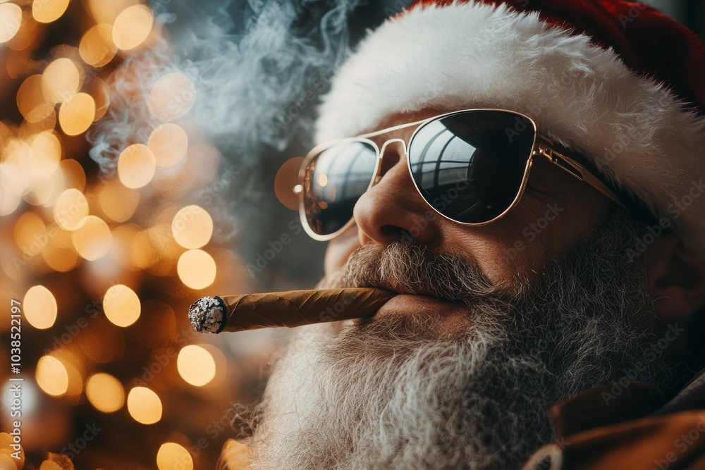 Santa Claus wearing shades and smoking a cigar, amidst a cozy holiday setting with bokeh Christmas lights, exuding a cool and relaxed festive vibe. Santa Claus wearing shades and smoking a cigar, amidst a cozy holiday setting with bokeh Christmas lights, exuding a cool and relaxed festive vibe.