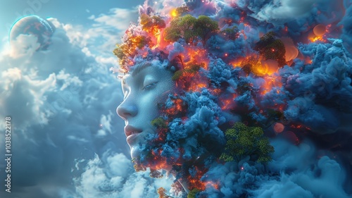 Surreal Portrait of a Dreamlike Woman's Face Emerging from Vibrant Clouds and Fiery Elements in a Mystical Celestial Landscapesurrealism