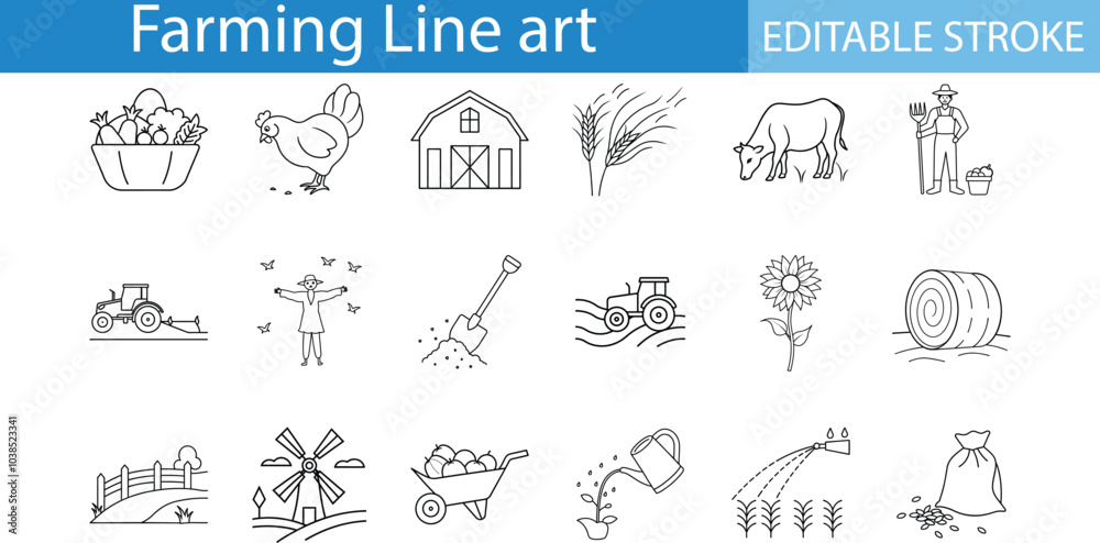 Fototapeta premium Farm Line Art Icons Editable Stroke Set