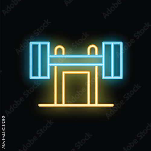 Glowing neon line icon of a weight bench press representing the concept of bodybuilding and fitness