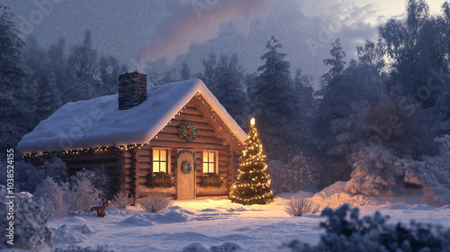 A 3D render of a snow-covered cabin in the woods