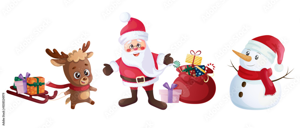 Festive New Year and Christmas characters with gifts, Santa Claus, cute deer, snowman, in a vector set Festive New Year and Christmas characters with gifts, Santa Claus, cute deer, snowman, in a vector set