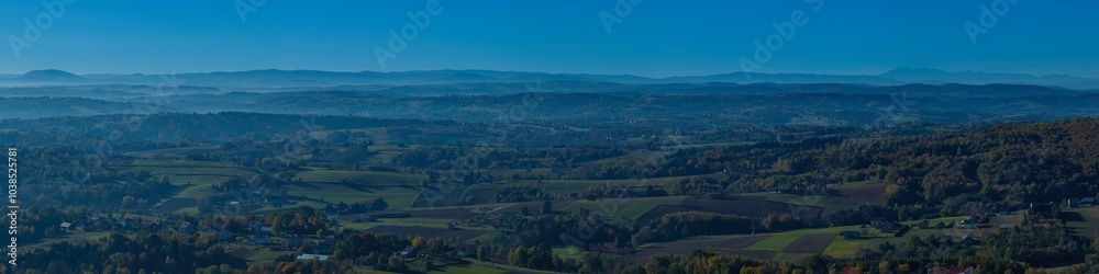 Naklejka premium Panoramic view of the landscape from the Tatra Mountains to Mount Chełmiec in Beskid Niski Poland