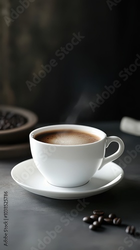 Cup of coffee on grey table, closeup. Space for text