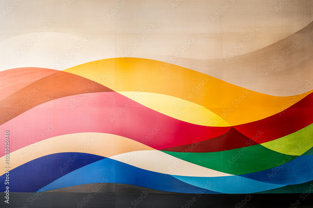 Vibrant abstract mural displaying flowing colors in a modern interior setting Vibrant abstract mural displaying flowing colors in a modern interior setting