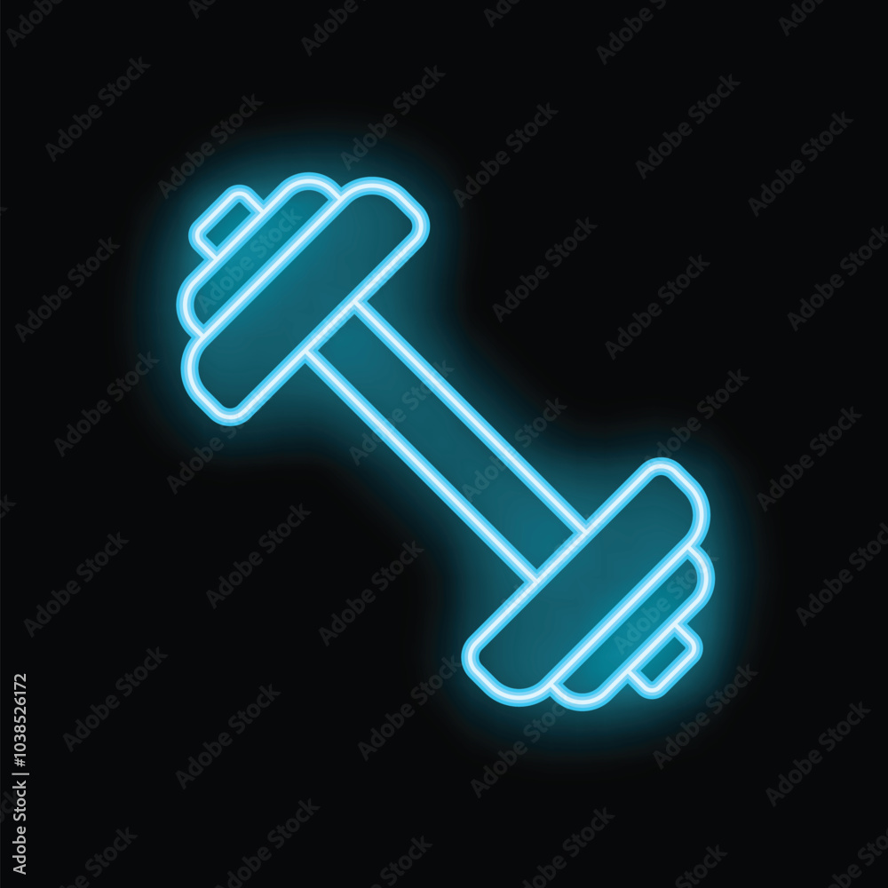 Blue neon light glowing dumbbell icon on a black background representing gym and fitness activity Blue neon light glowing dumbbell icon on a black background representing gym and fitness activity