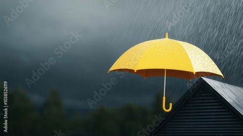 Umbrella above a house in a rainstorm, safeguarding home, 3D illustration, photo