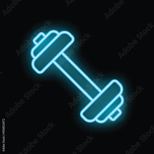 Blue neon light glowing dumbbell icon on a black background representing gym and fitness activity