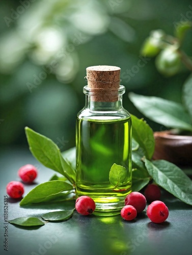 A glass bottle of wintergreen oil is placed on a clean countertop