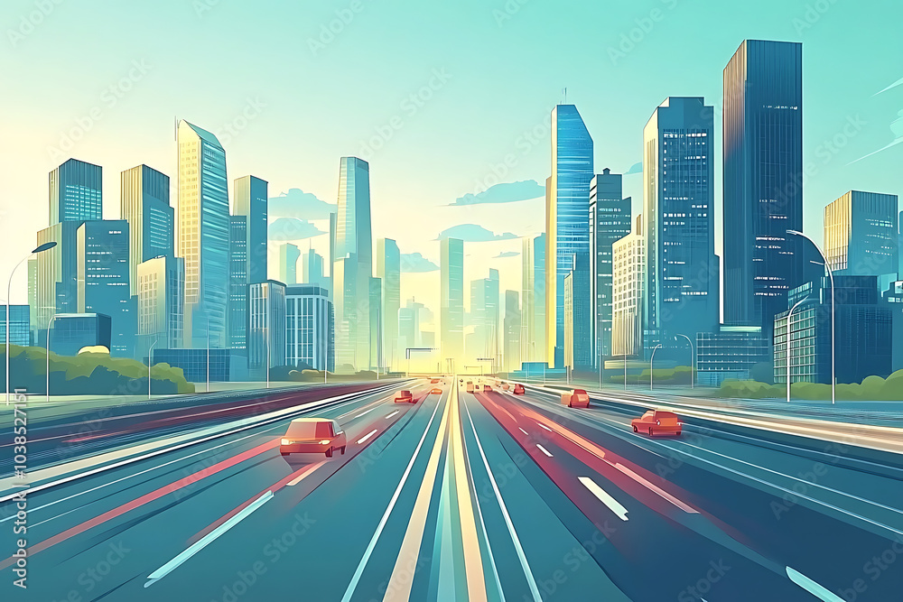 A vibrant cityscape with a highway and modern skyscrapers under a clear sky. A vibrant cityscape with a highway and modern skyscrapers under a clear sky.