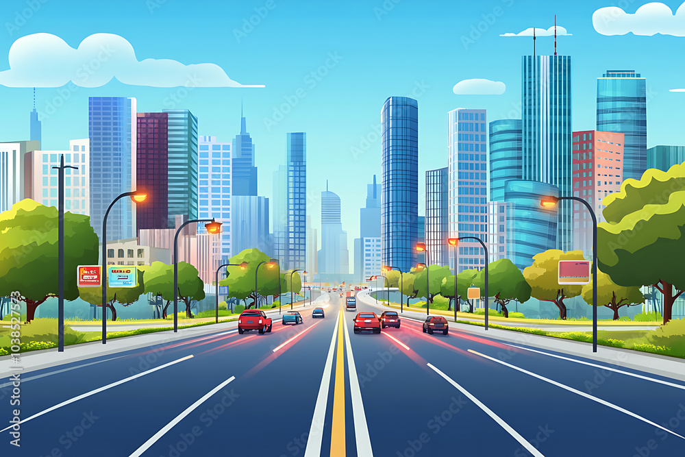 Fototapeta premium A vibrant cityscape with skyscrapers, trees, and busy streets under a bright blue sky.