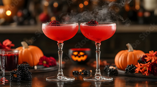 A Classic Halloween Cocktail with Dark Red Liquid, Garnished with Spooky Elements like Fake Eyeballs and Gummy Worms. This Drink Captures the Essence of the Season, Perfect for Halloween Parties and F photo