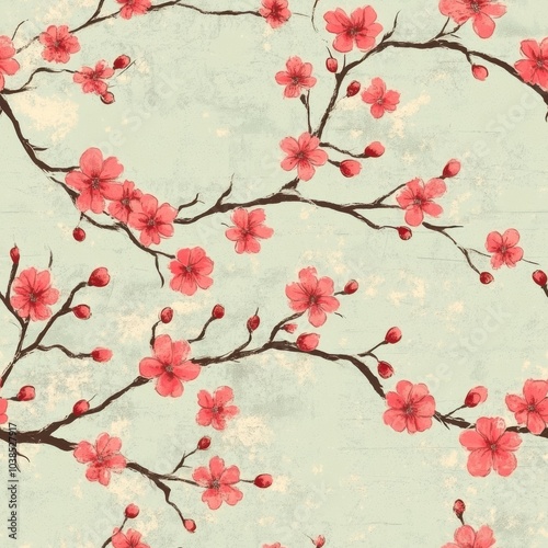 Vintage retro style cherry blossom pattern on vintage page background, seamless repeating pattern, minimal pattern cherry blossoms, vintage floral, retro blossoms, seamless flowers, stationery